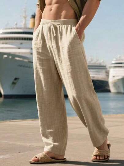 Men's Breathable Linen Loose Casual Sports Pants, Suitable Beach, Spring/Summer