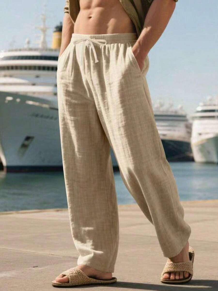 Men's Breathable Linen Loose Casual Sports Pants, Suitable Beach, Spring/Summer - Light Grey - View 1