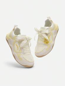 Balabala Girls' Summer Breathable Mesh Casual Sneakers Kids' Lightweight Walking Shoes - White and Yellow - View 4