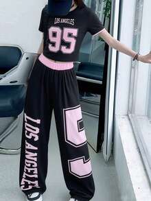 Tween Mädchen Süß & Cool Baddie Alltagskleidung Set Los Angeles Muster Rundhals Kurz T-Shirt + Weite Hose Zwei Teile Set, Rosa und Set - Schwarz - Übersicht 1