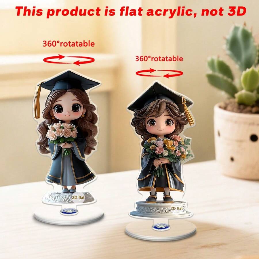 1/2件可愛卡通畢業女孩桌面裝飾品,2D平面旋轉壓克力飾品附花束,無需電力,適合辦公室、居家、畢業派對裝飾,學生畢業禮物,畢業裝飾 - 旋轉擺件 - 查看 1