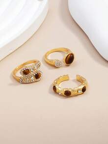 Juego de 3 piezas/Set de anillos ajustables con lazo minimalista y cuentas de perlas, joyería delicada apilable, regalo para novia, hermana, Halloween - Multicolor - Ver 4