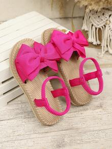1 Pair Fuchsia Girls' Flat Sandals, Solid Soft Fabric With Bow Decor, Round Toe Open Toe, Elastic Flexible Sole, Fashionable Cute Bohemian Beach Sandals, Suitable For Daily Casual, Holiday, Party, Spring/Summer New Arrival - Hot Pink - View 3