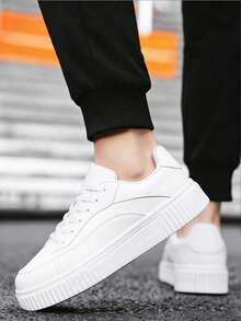 Thick Sole Lace-Up Casual Sneakers, Street Style - White - View 4