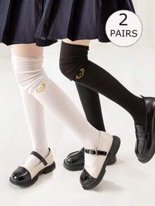 2双装女童/儿童/幼儿皇冠图案过膝袜，纯黑白网眼设计，公主风，适合日常穿着、派对、上学、春夏穿着。 - 彩色 - 查看 1