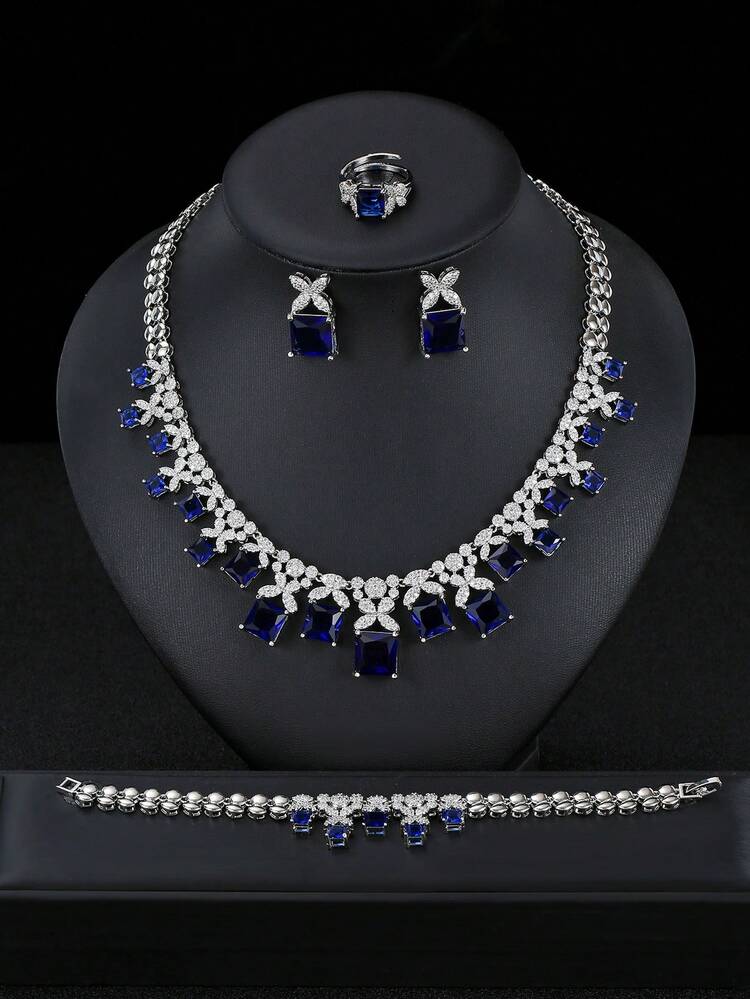 Bộ 5 món trang sức cao cấp đính đá Cubic Zirconia, đa năng, gồm dây chuyền, bông tai, vòng tay và nhẫn, thích hợp cho cô dâu, váy cưới, váy dạ hội, lễ đính hôn, trang phục ngày lễ, quà tặng cho phụ nữ. - Quảng trường - Xem 16