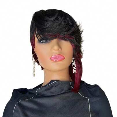 Tóc giả ngắn kiểu pixie cho phụ nữ da đen, tóc thật màu đen, nâu sô cô la, đen pha đỏ tía, tóc giả pixie thẳng thời trang, tóc giả ngắn nhiều lớp, tóc giả pixie làm hoàn toàn bằng máy, tóc thật để sử dụng hàng ngày, không có ren phía trước, tóc giả ngắn nhiều lớp với mái dài.