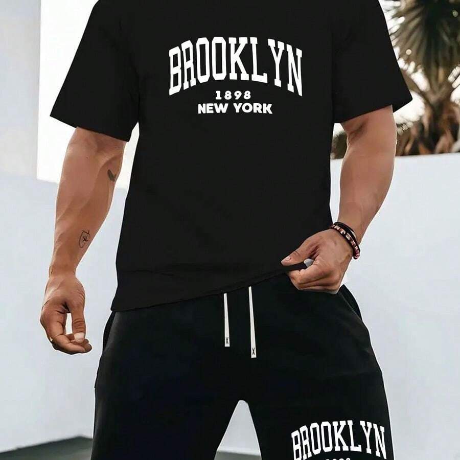 1 Set Of Summer New Men's Casual Sports Casual Suit Round Neck T-Shirt Short Sleeve + Shorts, Knitted Fabric, Fashionable Personality All-Rounder, Suitable For Outdoor Activities Printed Summer Two-Piece Set. - 黑色 - 查看 1