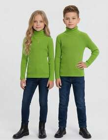 Girls' And Boys' Unisex Long-Sleeved High Neck Ribbed Blouse - Comfortable, Sizes 1 To 8 Years - màu xanh lá - Xem 2