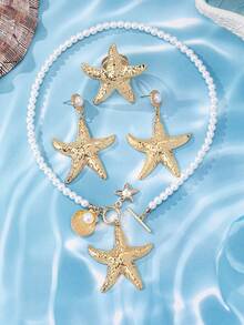 Set Perhiasan Anyaman Cangkang Bintang Laut 4 Buah untuk Wanita - Aksesoris Pesta & Liburan Pantai - Yellow Gold - View 5