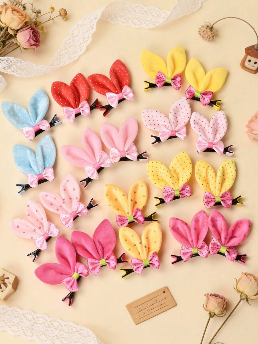 2/4pcs Cute Rabbit Ear Hair Clips For Women, Plush & Alloy Material, Sweet Polka Dot Bow Hair Accessories, Suitable For Daily Wear, Birthday Party, Photography - Multicolor - View 1