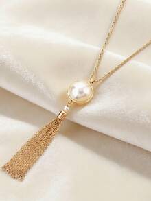 1pc Women's Long Necklace, French Luxury Elegant Chain Tassel Faux Pearl Pendant Necklace, Minimalist Long Delicate Chain, Versatile Slimming Daily Wear, Suitable For Spring/Summer, Commute, Date, Valentine's Day Gift For Girlfriend - Golden Yellow + White - View 4