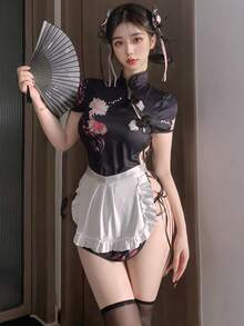 改良版中国风旗袍刺绣女仆装角色扮演服装，包括：1件旗袍+2件发饰+1件围裙 - 黑色 - 查看 4
