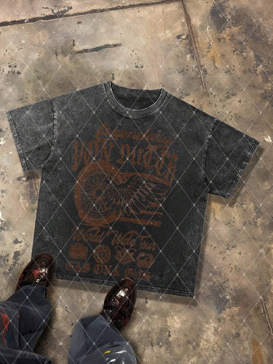 Van Dutch Legendary World Wide Tour Wheel Wing Graphic Men's 230g Combed Washed Cotton T-Shirt, Street Short-Sleeve Top, American Moto Vintage Style Apparel, Spring Summer Crew Neck Top, Suitable For Summer Daily Casual Wear - màu đen - Xem 1