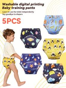 5条装婴儿可重复使用印花如厕训练裤，可水洗尿布内裤，适合幼儿男女宝宝 - 黃色小狗 - 查看 6