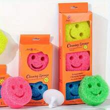 3pcs/1pc Multicolor Smiling Face Sponges, With Color Coded Surfaces (Pink, Yellow, Green, Blue), With Hanging Holes. This Versatile Household Cleaning Cloth Can Easily Meet Various Daily Cleaning Needs. - Face Sponge - View 3