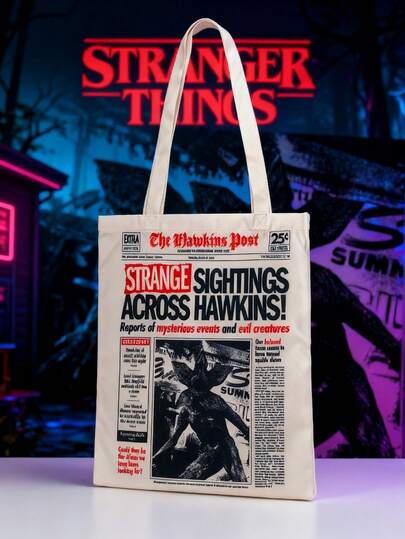  1 Túi mua sắm Stranger Things chính thức của Netflix, chất liệu polyester, in hình Demogorgon, Eleven, Mike, Dustin, Will Lucas, có thể tái sử dụng, dùng hàng ngày, quà tặng tiện dụng cho bạn bè và gia đình.