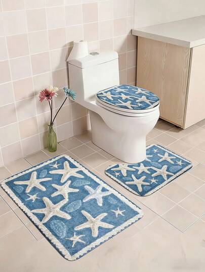 1件装蓝色海底世界和海星图案浴室地垫，仿羊毛可水洗马桶座套套装，包含浴垫、U型垫和马桶盖套，适用于浴室淋浴区、洗手间，多用途耐用地垫，是节日和春夏装饰的绝佳礼物之选。