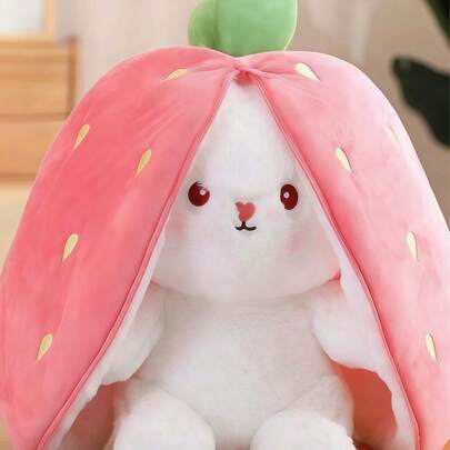 This Creative Double-Sided Strawberry Rabbit Plush Doll Features An Adorable Zipper Transformation Design. The Pink Strawberry Pattern Is Paired With A Cute Rabbit Face, Rosy Cheeks, And Paw Print Details. Made With High-Quality, Soft, Fluffy, And Skin-Friendly Materials, It Is Durable And Suitable For All Age Groups.