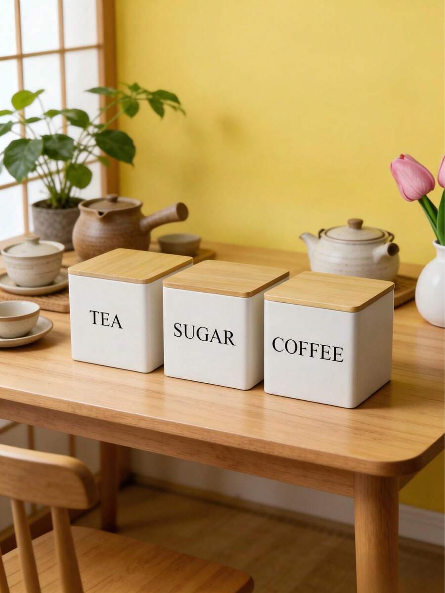 3件套北欧风厨房密封罐套装，咖啡/茶/糖罐，带竹盖，黑白两色可选，适用于咖啡豆、糖和茶叶等日常厨房用品，防潮