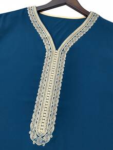 Men's Embroidered Robe Thobe, Men's Solid Color Pullover Gandoura Thawb, Traditional Arabic Men Gandoura Thobe Robe With Pockets - Blue - View 3