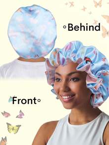 1pc Satin Butterfly Print Sleep Cap, Suitable For Wigs Straight/Curly Hair, Adjustable Pleated Double Layer Non-Slip Satin Sleep Cap, Hair Care - 60 Lace Hat - View 15