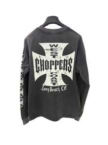 Y2K Distressed Choppers Cross Long Sleeve Tee - 3604洗黑 - 查看 6