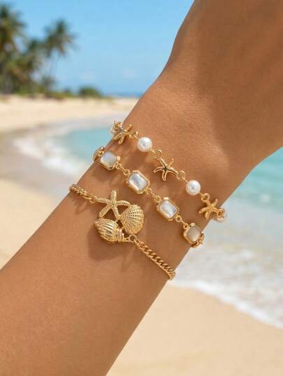 3件套简约手工金属海星、贝壳、海螺海洋生物装饰珍珠首饰套装，适合日常佩戴、休闲场合、海滩度假