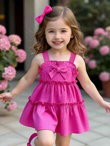 Baby Girl Spaghetti Strap Ruffle Bow A-Line Cake Dress, Suitable For Everyday Outings In Spring/Summer - Hot Pink - View 4