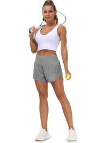 Womens High Waisted Running Shorts Quick Dry Athletic Workout Shorts With Mesh Liner Zipper Pockets - Grey - View 2