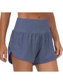 Womens High Waisted Running Shorts Quick Dry Athletic Workout Shorts With Mesh Liner Zipper Pockets - 藍灰色 - 查看 2