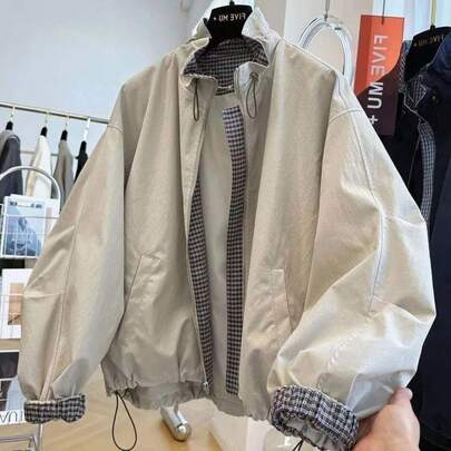 2025秋季新款女式抽绳立领短款外套，宽松休闲韩版实用风衣