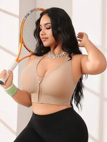 1pc Plus Size Women Front Zip Sports Bra, Criss-Cross Design Comfortable Leisure Bra - Apricot - View 5