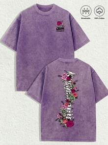 Men's Graphic T-Shirts With Bone And Floral Patterns-Printed With The Message Of Growth Through It; Washed Vintage T-Shirts; Oversized Men's T-Shirts; 230g 100% Cotton; Unisex Tops; Men's Casual Crew Neck Short-Sleeved Shirts; Gift T-Shirts; Going Out Tops. - 紫羅蘭色 - 查看 4