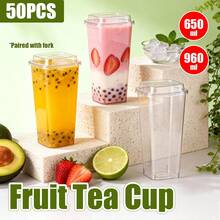 Aimall 50PCS Fruit Tea Cup With Lid And Fork Large Capacity 650/960ml Drink Takeaway - Transparent - View 1