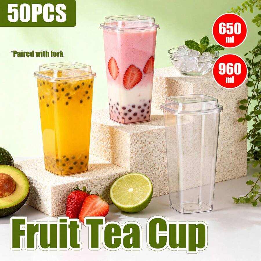 Aimall 50PCS Fruit Tea Cup With Lid And Fork Large Capacity 650/960ml Drink Takeaway - Transparent - View 1
