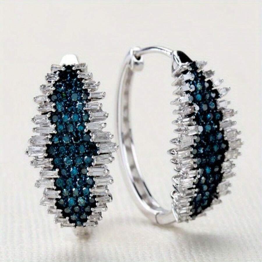 Bông tai khoen tròn đính đá Cubic Zirconia hình vuông lấp lánh, thiết kế độc đáo, thích hợp cho lễ đính hôn và đám cưới, dành cho nữ giới. - Bạc - Xem 1