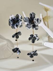 一对布艺花朵长耳环，适合日常佩戴（珠子颜色随机） - 灰色-E429 - 查看 3