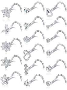 17件套简约炫彩长/短/宽骨形螺丝款不锈钢低敏AAA+立方氧化锆鼻钉（雪花/蝴蝶/心形/花朵造型），适合日常佩戴和派对场合 - 多款式 - 查看 14