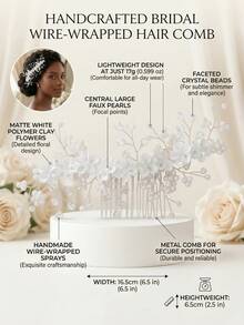 1件手工制作优雅白色软陶瓷花朵、珍珠和水晶发梳，新娘婚礼发饰 - 銀色 - 查看 7