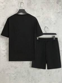 Men's Sports Casual T-Shirt And Drawstring Waist Shorts Set - Lightweight And Comfortable, Galloping Horse Print Black Summer - Black - View 5