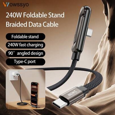 WOWSSYO حامل هاتف متعدد الوظائف وكابل شحن، يتميز بكابل شحن عالي الطاقة بقوة 240 واط مع دعم ؛ حامل هاتف محمول قابل للطي؛ شاحن من نوع C إلى C؛ مناسب لشحن الهواتف المحمولة أو الأجهزة اللوحية.