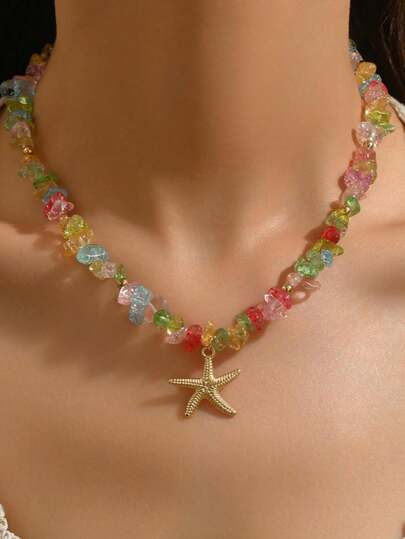 1件波西米亚风多色天然碎石项链，女士款，夏季沙滩金色海星吊坠项链，Y2K美学珠宝配饰礼品
