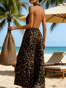 Women's Leopard Print Casual Halter Jumpsuit, Waist Cinched, Summer Vacation Elegant - Camel - View 2