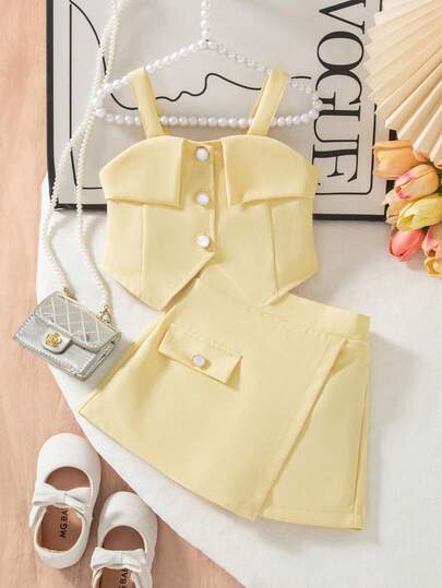 2pcs Baby Girls' Summer Fashion Crystal Decorated Irregular Strap Top + Irregular Solid Color Skort Set, Cooling Outfit Suitable For Outdoor Wear