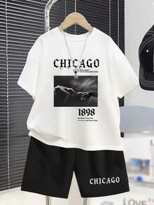 2026 New Model,Summer Outfits 2 Piece Set, Short Sleeve T Shirt And Drawstring Shorts, Casual Crew Neck Tee, Sportswear For Outdoor Play, Ages 5-16 Vacation Clothes, Spring Daily Wear, Free ShippingY2K Retro Women's Summer Cotton T-Shirt And Shorts Set, Round Neck Loose Short Sleeve, Drawstring Pocket Shorts, Letter Print, Plus Size, Easter Style, Casual Home And Commuting 2-Piece Set - 白色+黑色 - 查看 4