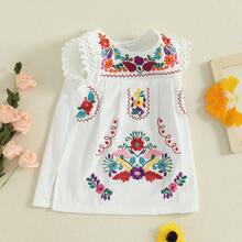 Toddler Baby Infant Girls Summer Cotton Linen Boho Dress Floral Embroidery Square Neck Lace Ruffle Fly Sleeve Sleeveless Summer Beach Sundress Vacation Bohemian Dress A-Line Dress - 紅色 - 查看 4