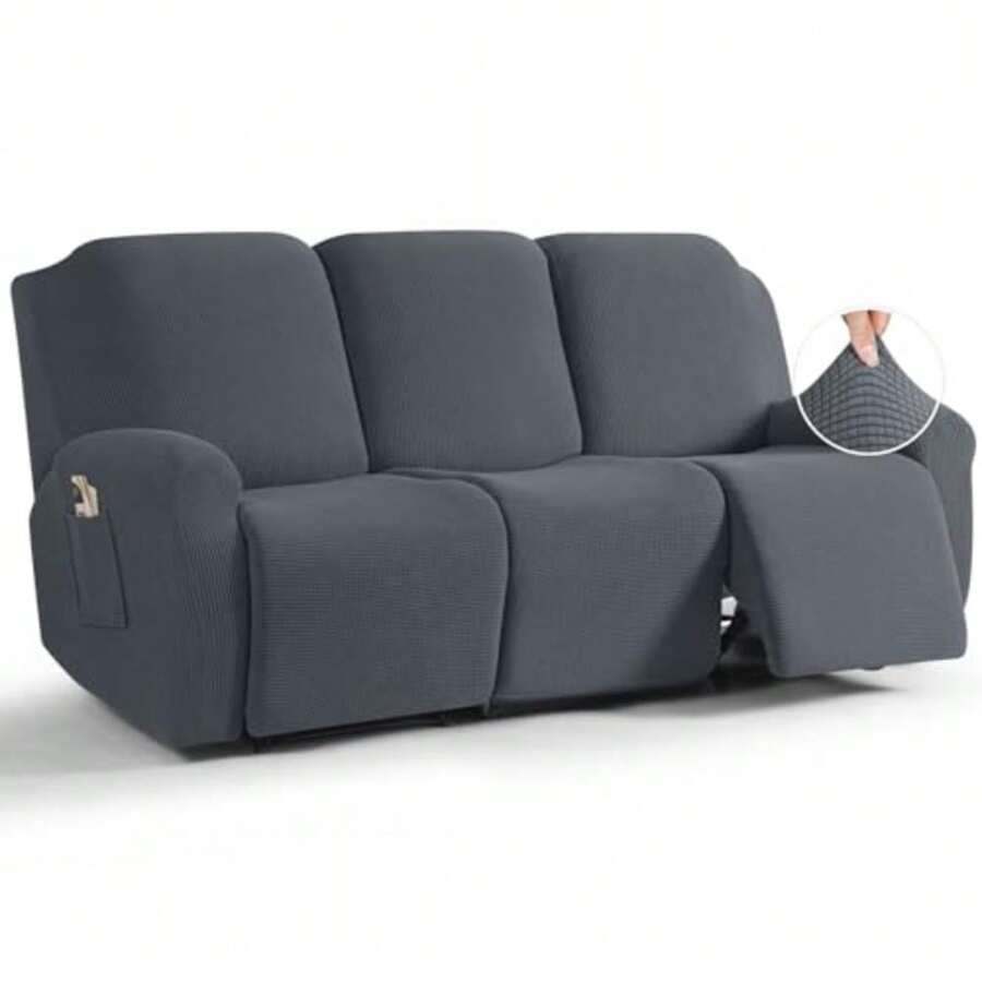 Recliner Sofa Covers 8-Pieces Stretch Large Couch Covers for 3 Seats Reclining Slipcovers Soft Jacquard Pattern Furniture Protector Grey - Gris - Ver 1