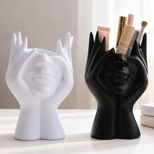 Abstract Human Face Sculpture Pen Holder, Multifunctional Makeup Brush Storage Bucket Plastic Pen Stand Desktop Decor - Face-holding Storage Bucket - View 3