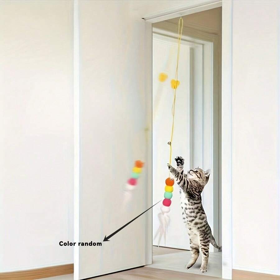 1 Set Elastic Cat Toy, Artificial Fiber Feather Toy, Bell Teaser Wand, Door Hanging Swing - Multicolor - View 1